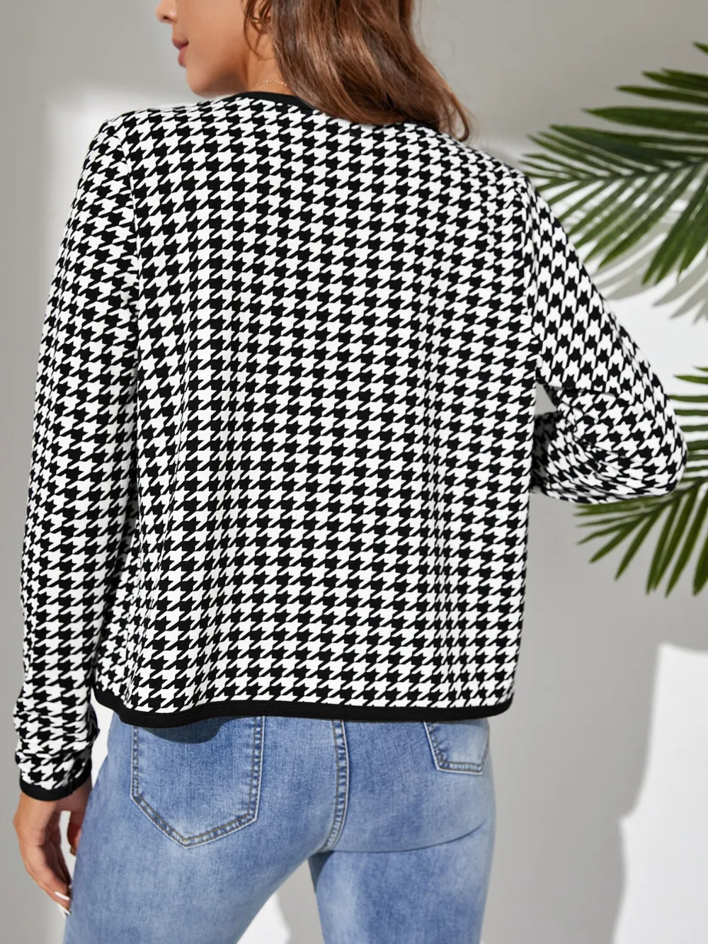 Houndstooth Open Front Long Sleeve Jacket, image 2