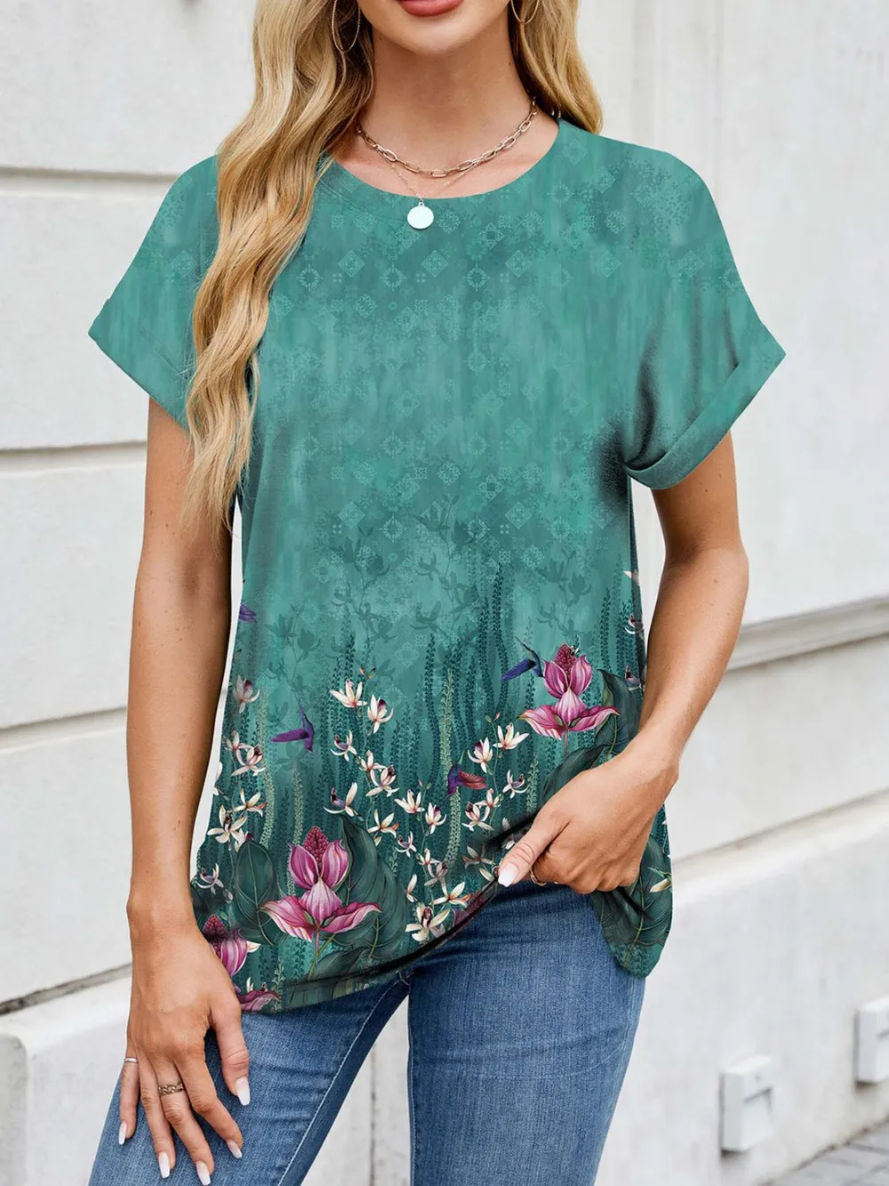 Printed Round Neck Short Sleeve Top, image 14