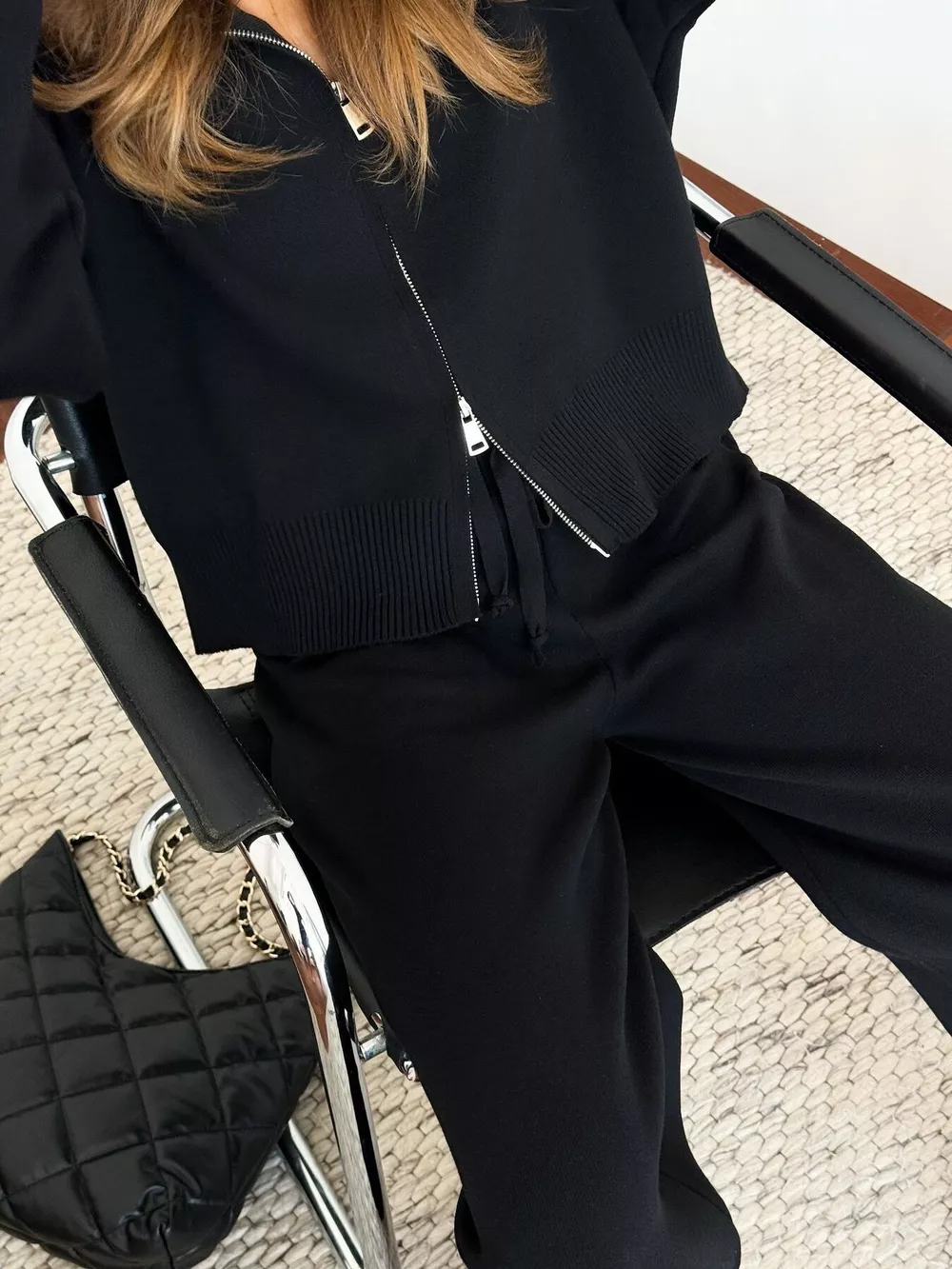 Zip Up Cardigan and Drawstring Wide Leg Pants Knit Set, image 5