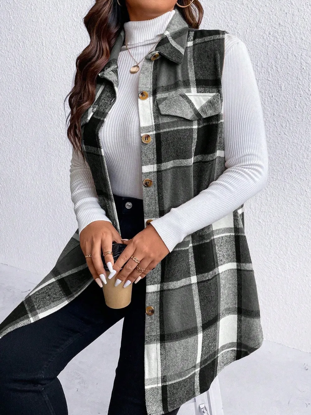 Plus Size Pocketed Plaid Button Up Vest Coat, image 16
