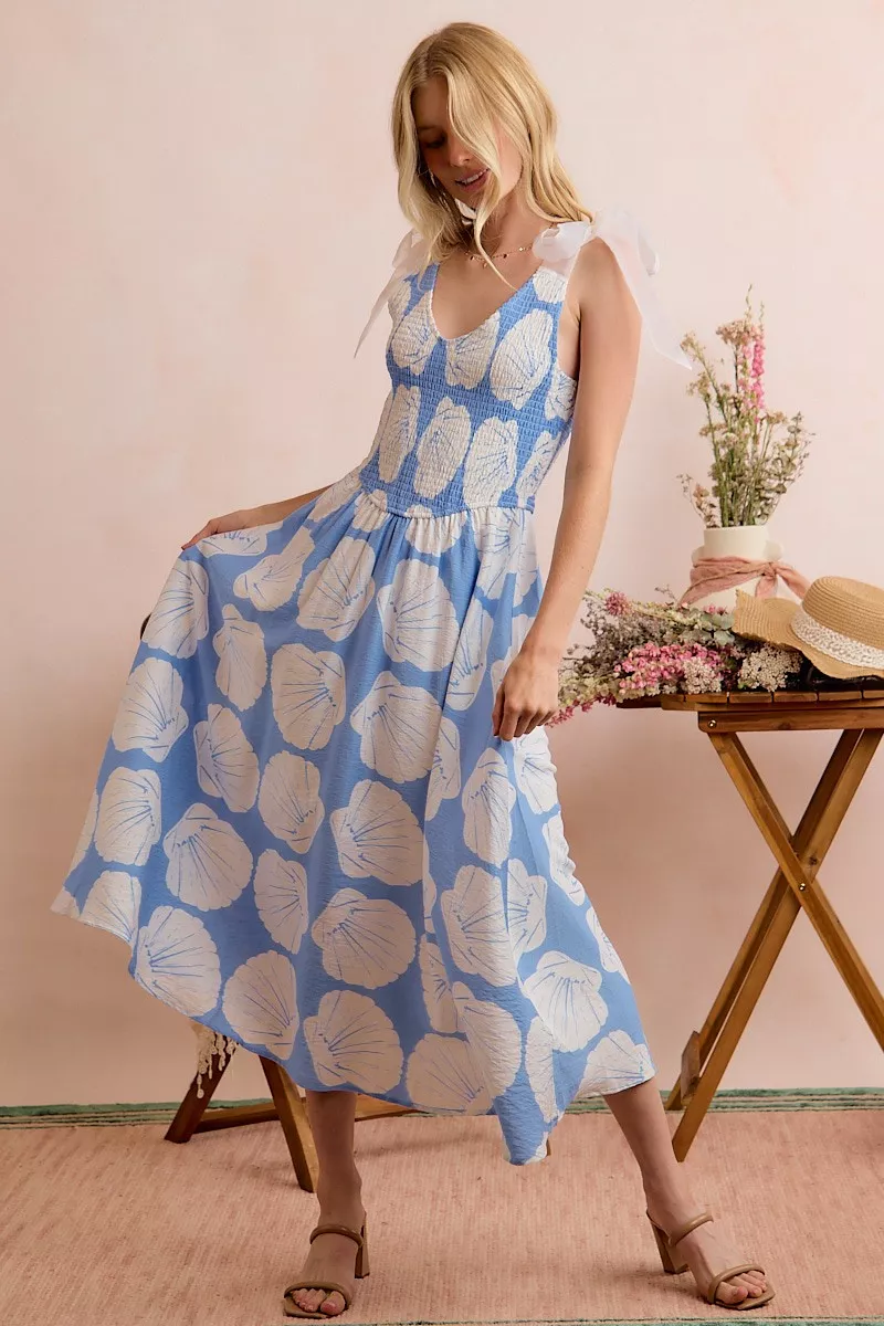 Shell Smocked Bodice Shoulder Tie Lined Midi Dress, image 9