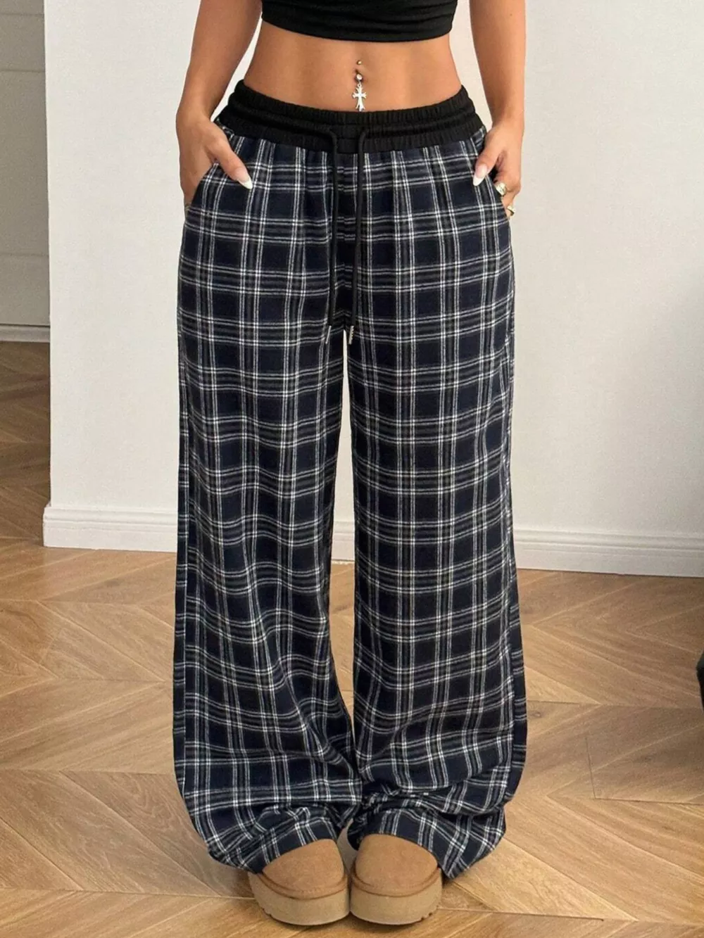 Plaid Wide-Leg Pants with Elastic Waistband, image 4