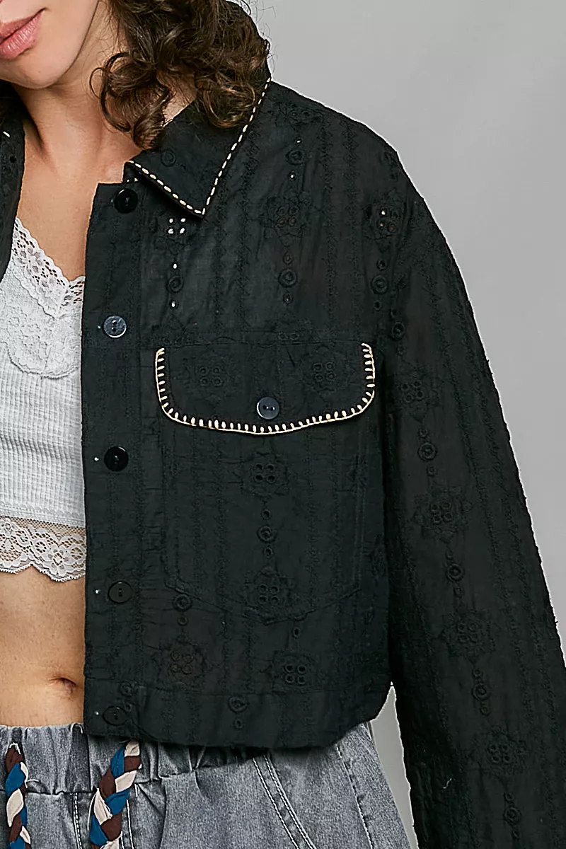 POL Cropped Button-Front Eyelet Cotton Jacket, image 8