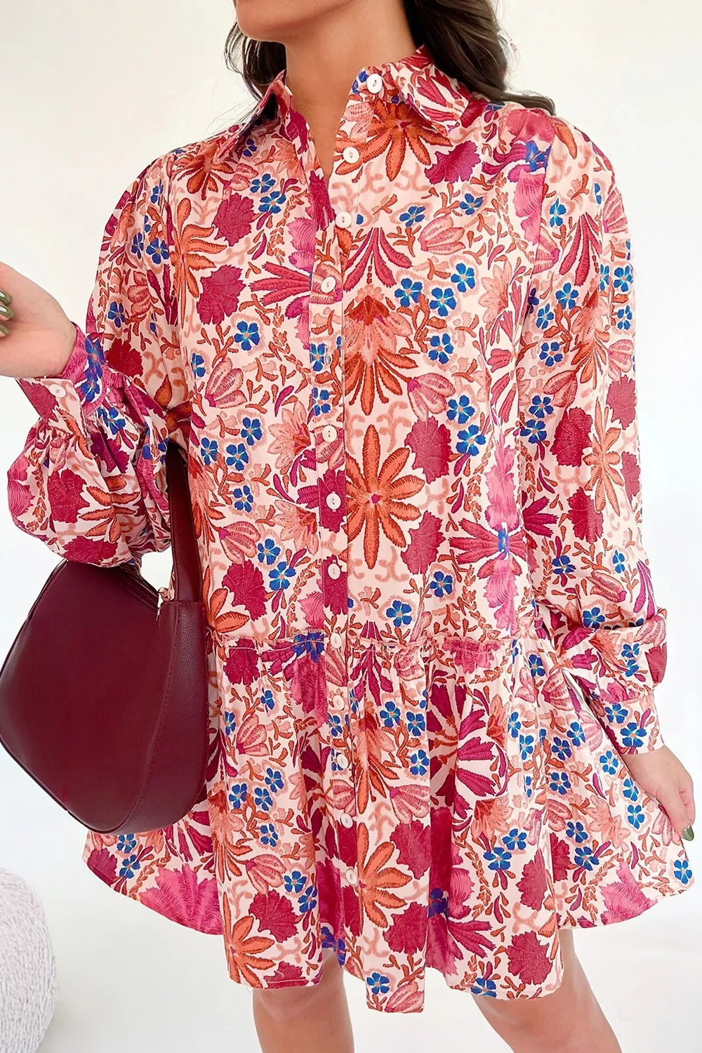 Fall Flower Print Long Sleeve Mini Dress, image 2