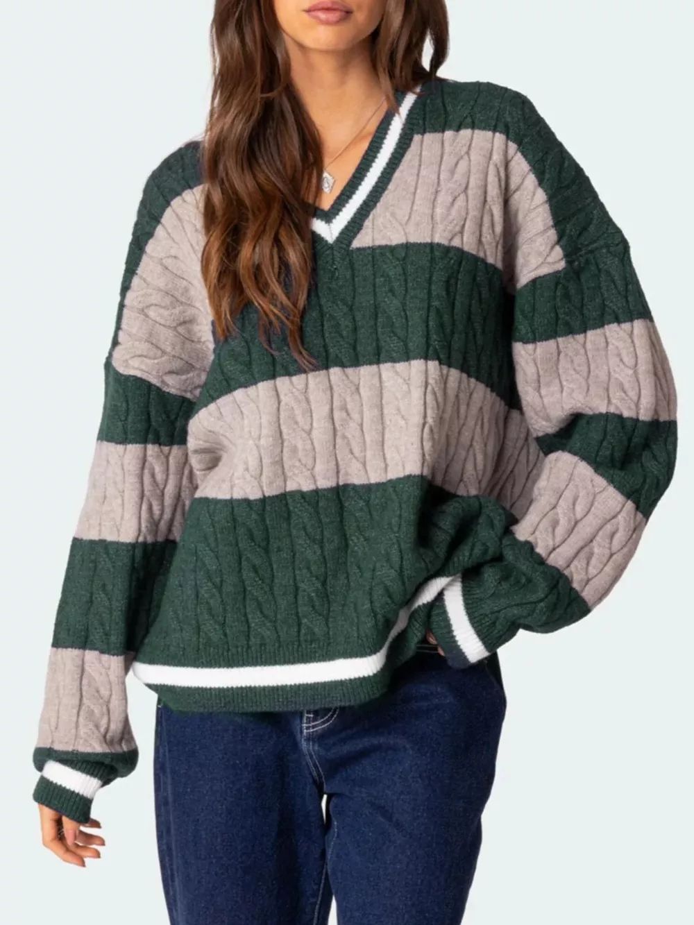 Striped Cable Knit V-Neck Sweater, image 14