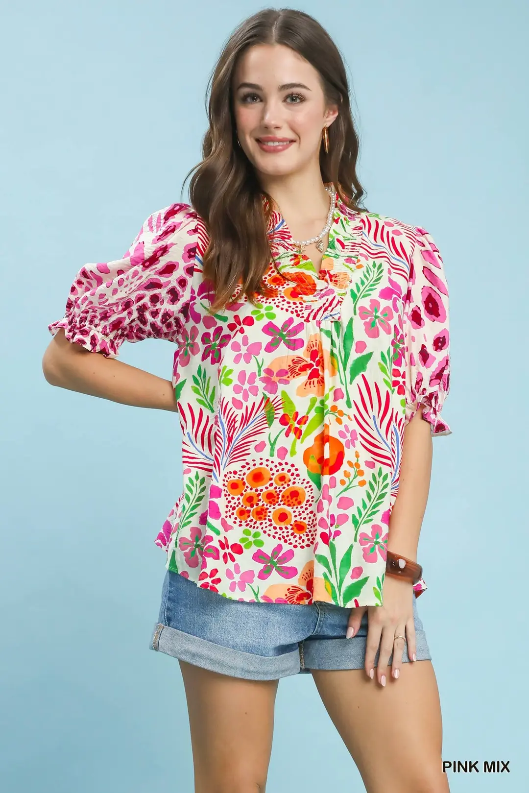 V-Neck Ruffle Trim Puff Sleeve Top
