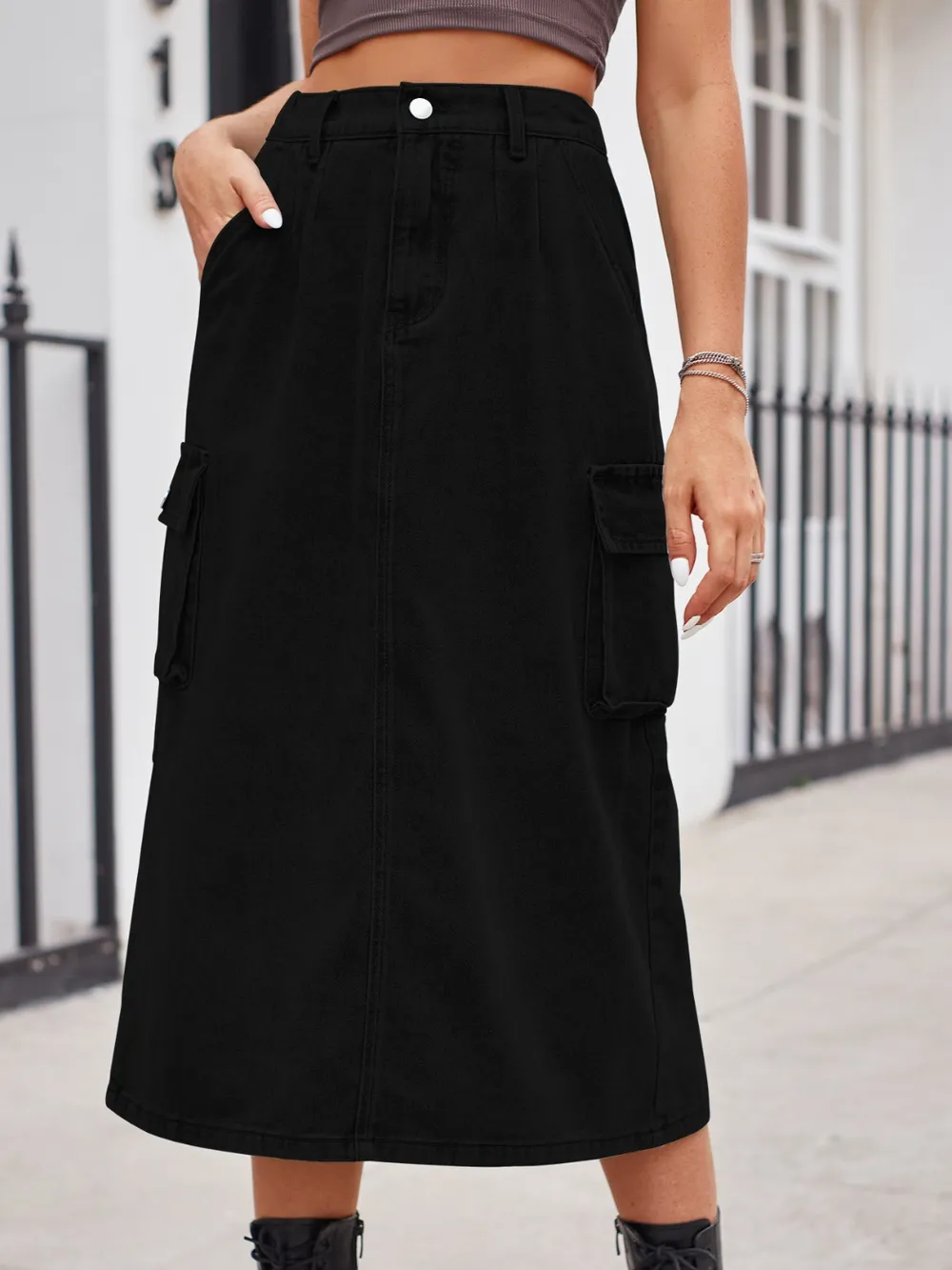 Slit Buttoned Denim Skirt with Pockets, image 12