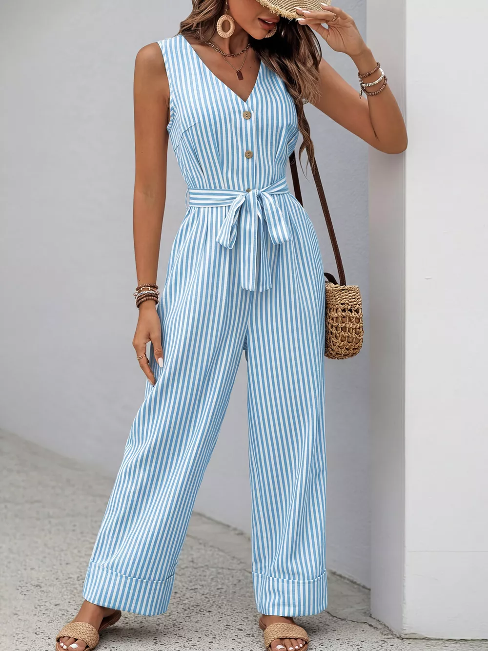 Striped Button-Front Tie Waist Wide Leg Jumpsuit, image 2