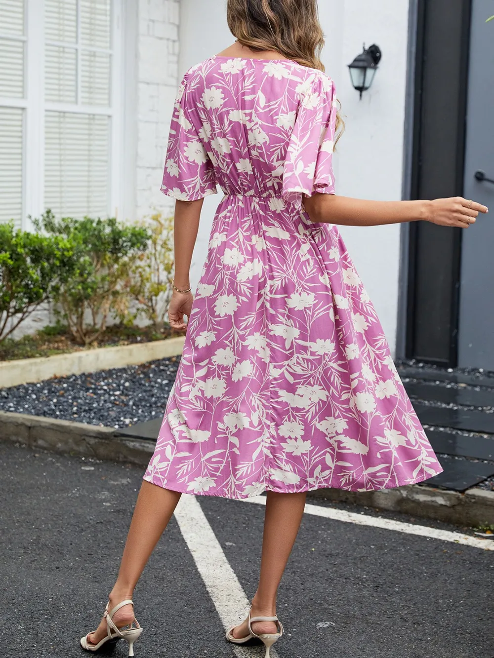 Floral Flutter Sleeve V-Neck Summer Midi Dress, image 6