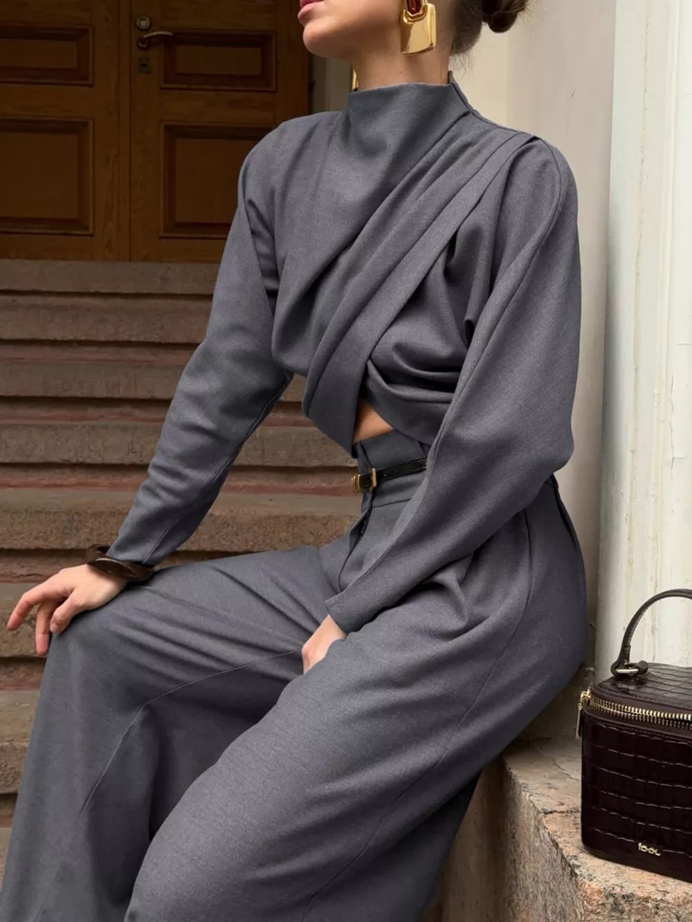 Draped Crop Top and Wide-Leg Pants Set, image 4