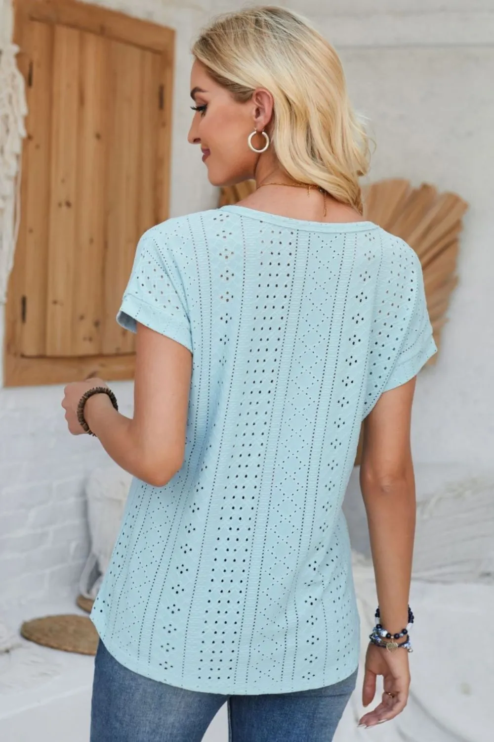 Eyelet Round Neck Rolled Short Sleeve T-Shirt, image 7