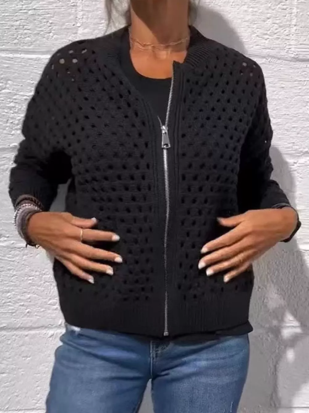 Full Size Zip Up Long Sleeve Cardigan with Eyelet Detail Plus Size, image 13