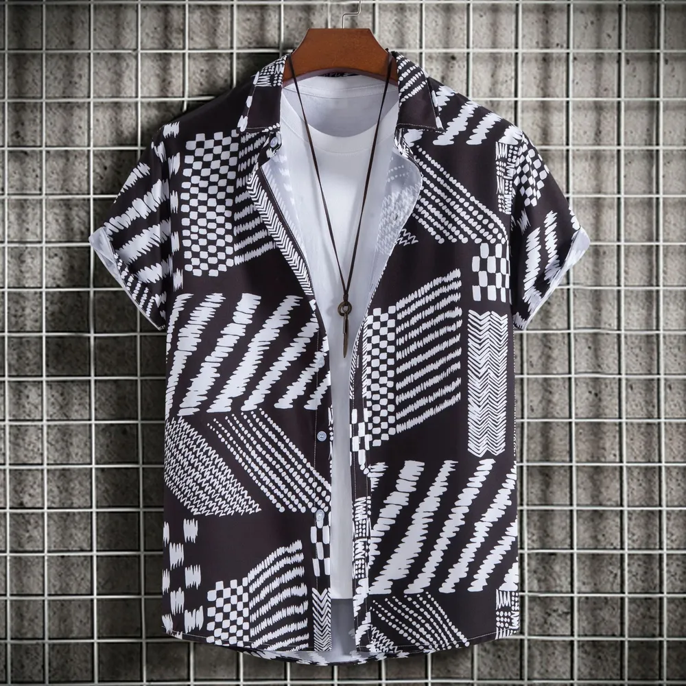 Men's Plus Size Geometric Pattern Short Sleeve Button-Up Shirt