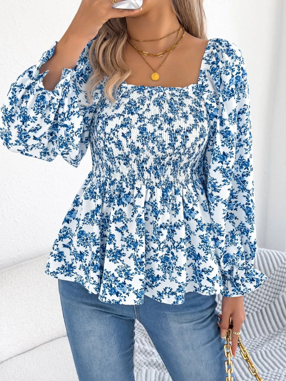 Floral Square Neck Flounce Sleeve Blouse, image 12