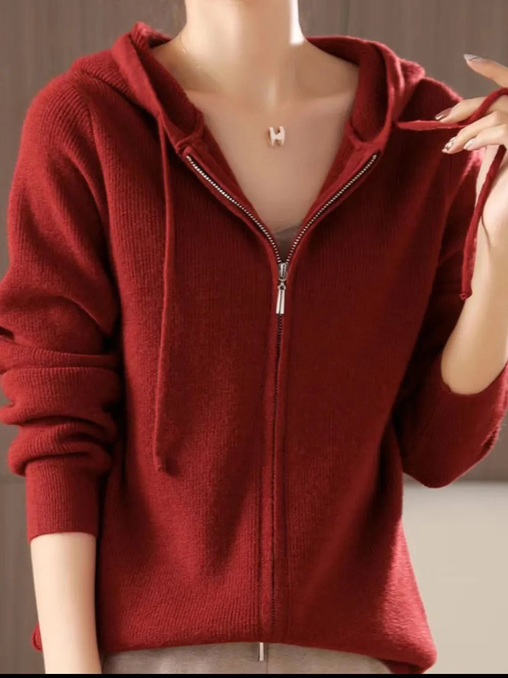 Drawstring Zip Up Long Sleeve Hooded Sweater, image 11