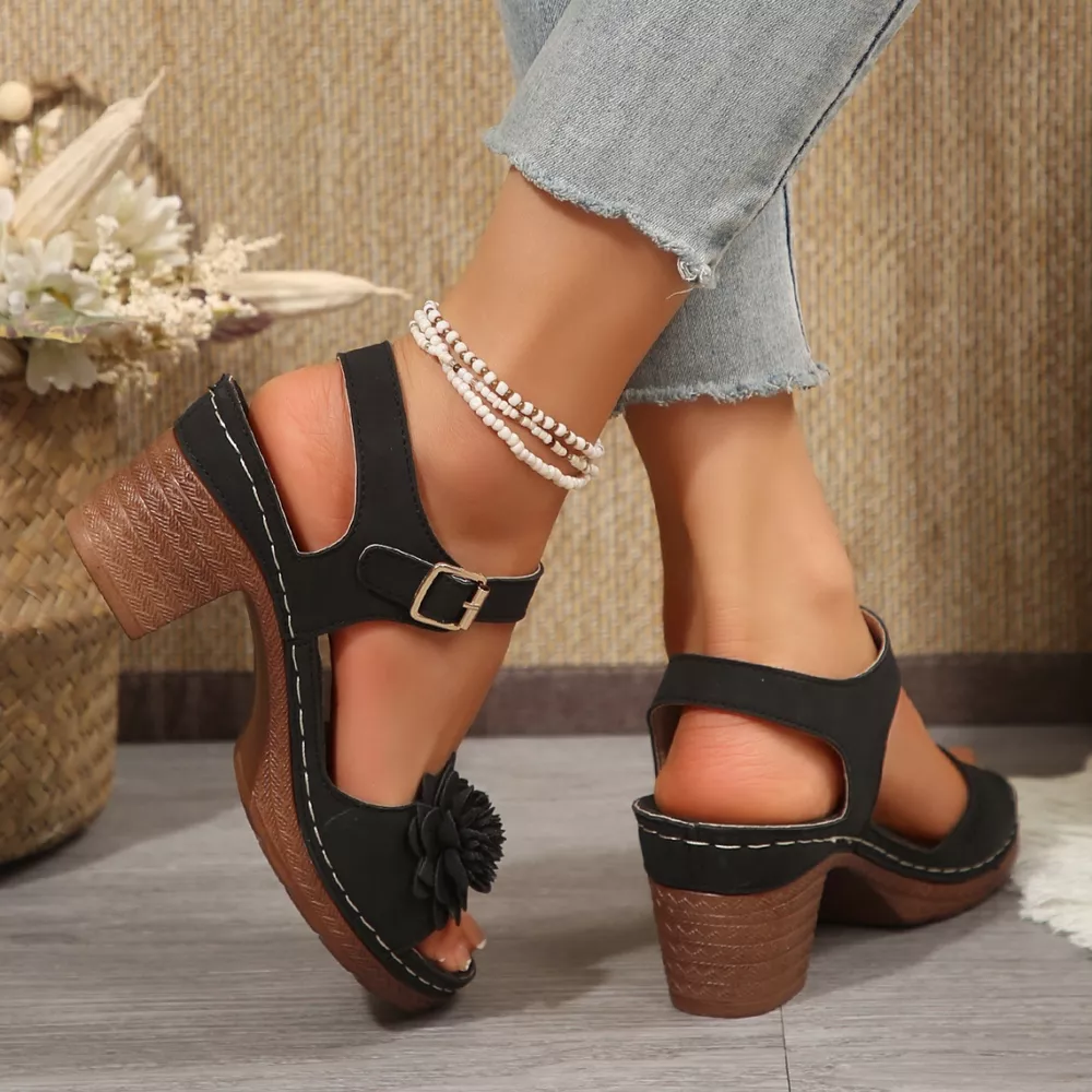 Floral Decor Buckle Ankle Strap Block Heel Sandals, image 8