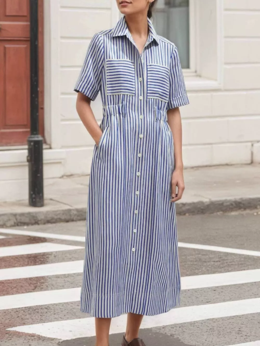 Striped Button Front Shirt Dress, image 3