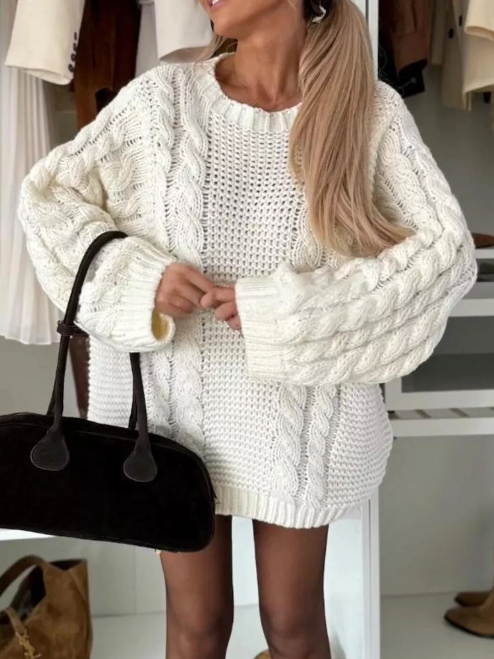 Cable Knit Round Neck Oversized Sweater, image 3
