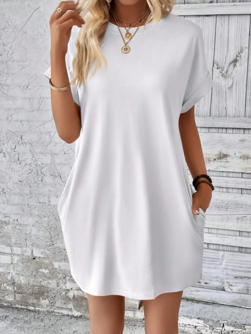 Round Neck Short Sleeve Mini Tee Dress with Pockets, image 12