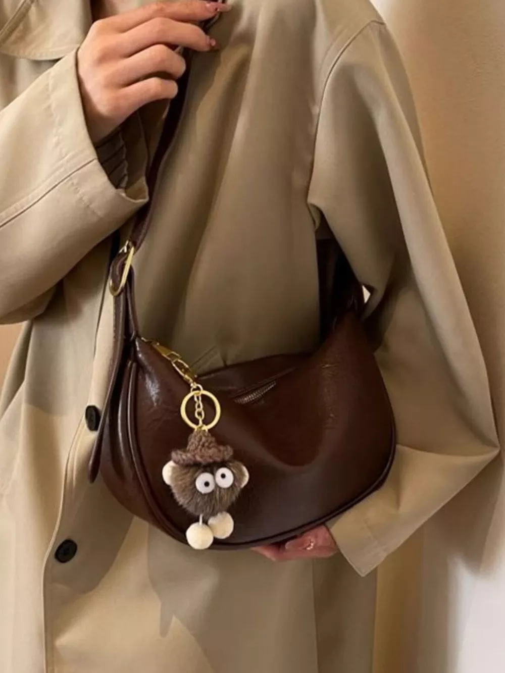 Crescent Shoulder Bag with Plush Charm, image 9