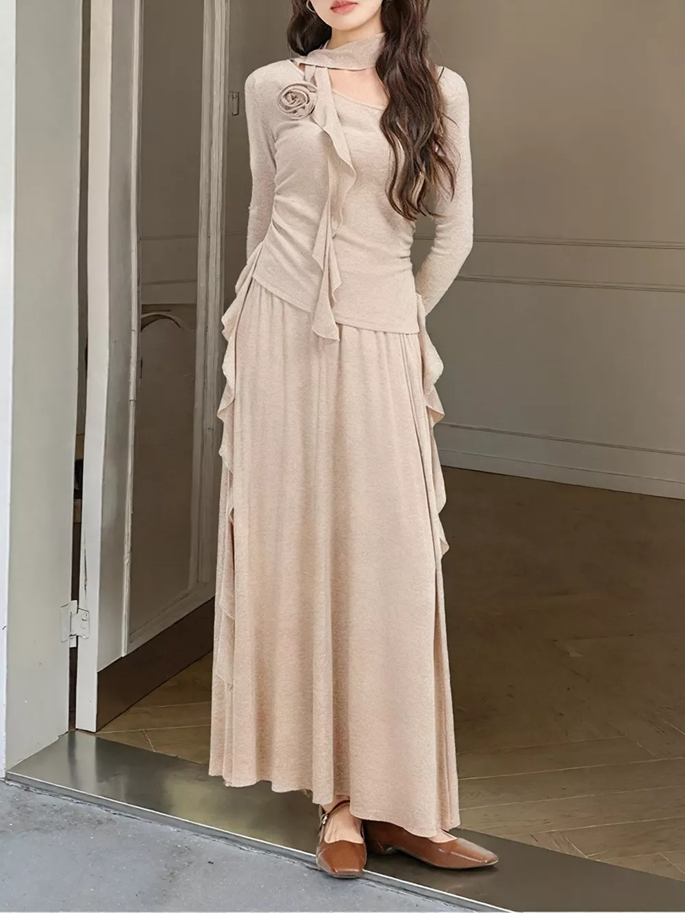 Ruffled Long Sleeve Knit Top and Maxi Skirt Set