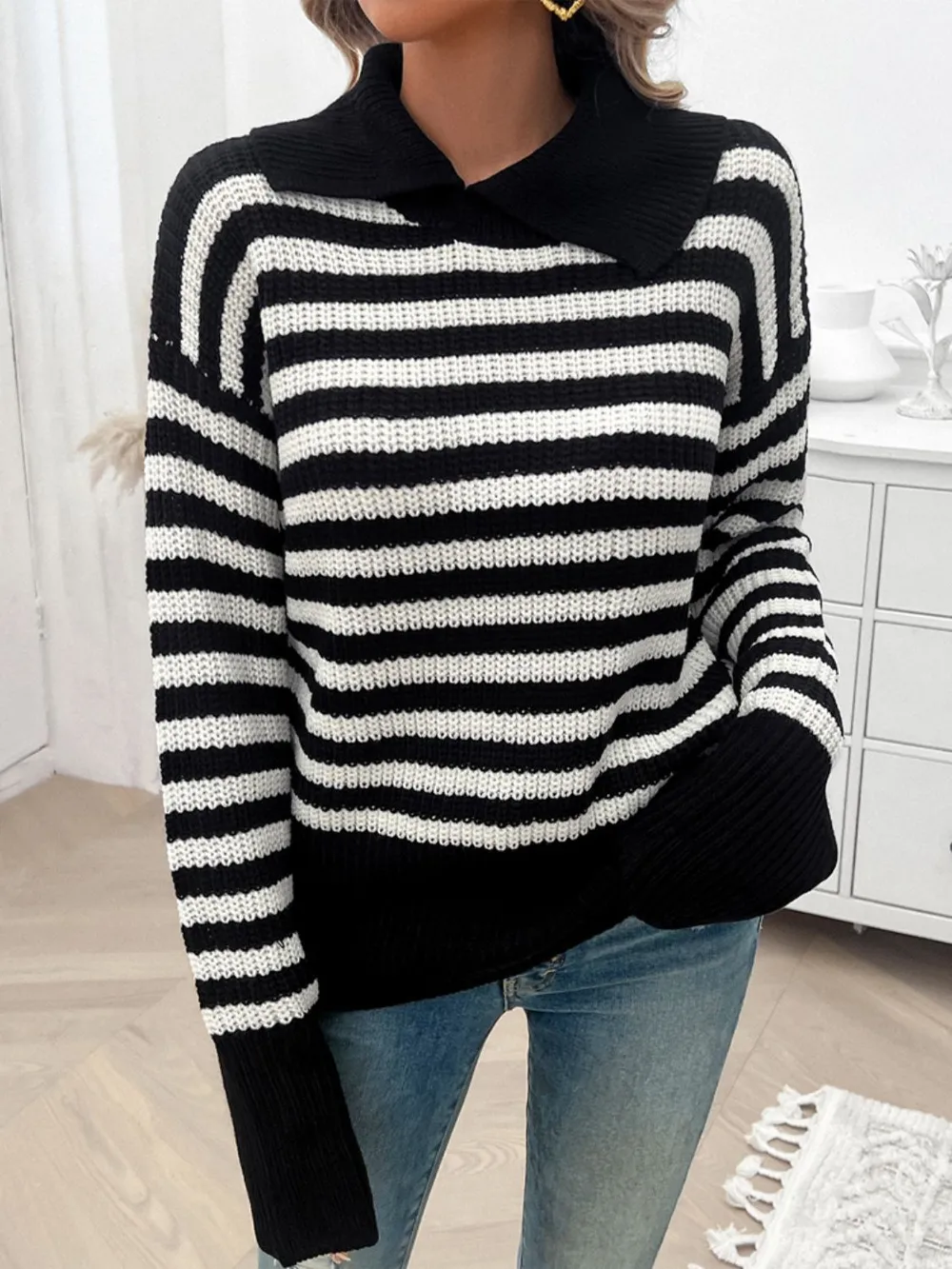 Striped Collared Neck Long Sleeve Sweater, image 7