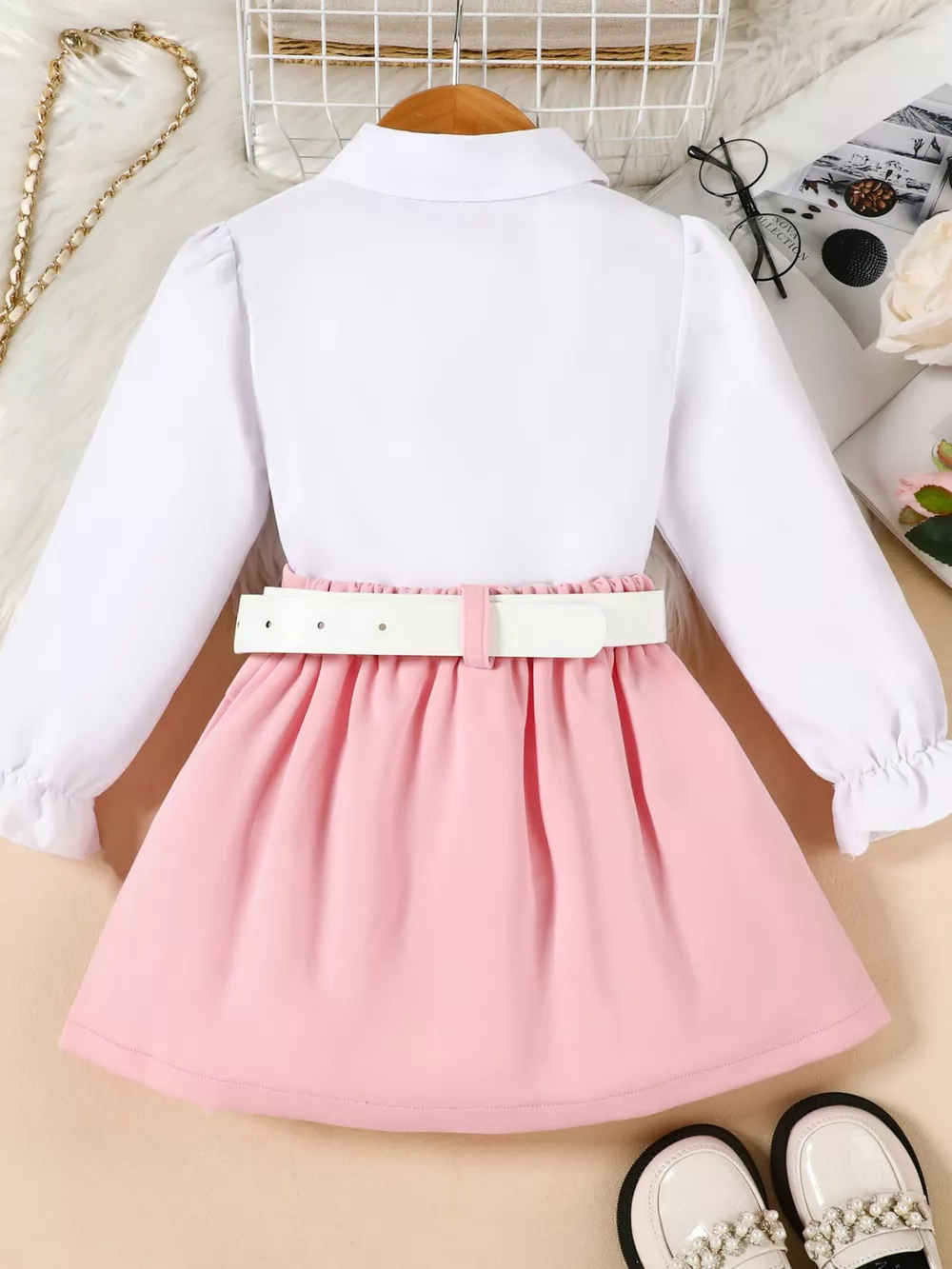 Children's Long Sleeve Shirt & Pleated Skirt Set with Belt, image 7