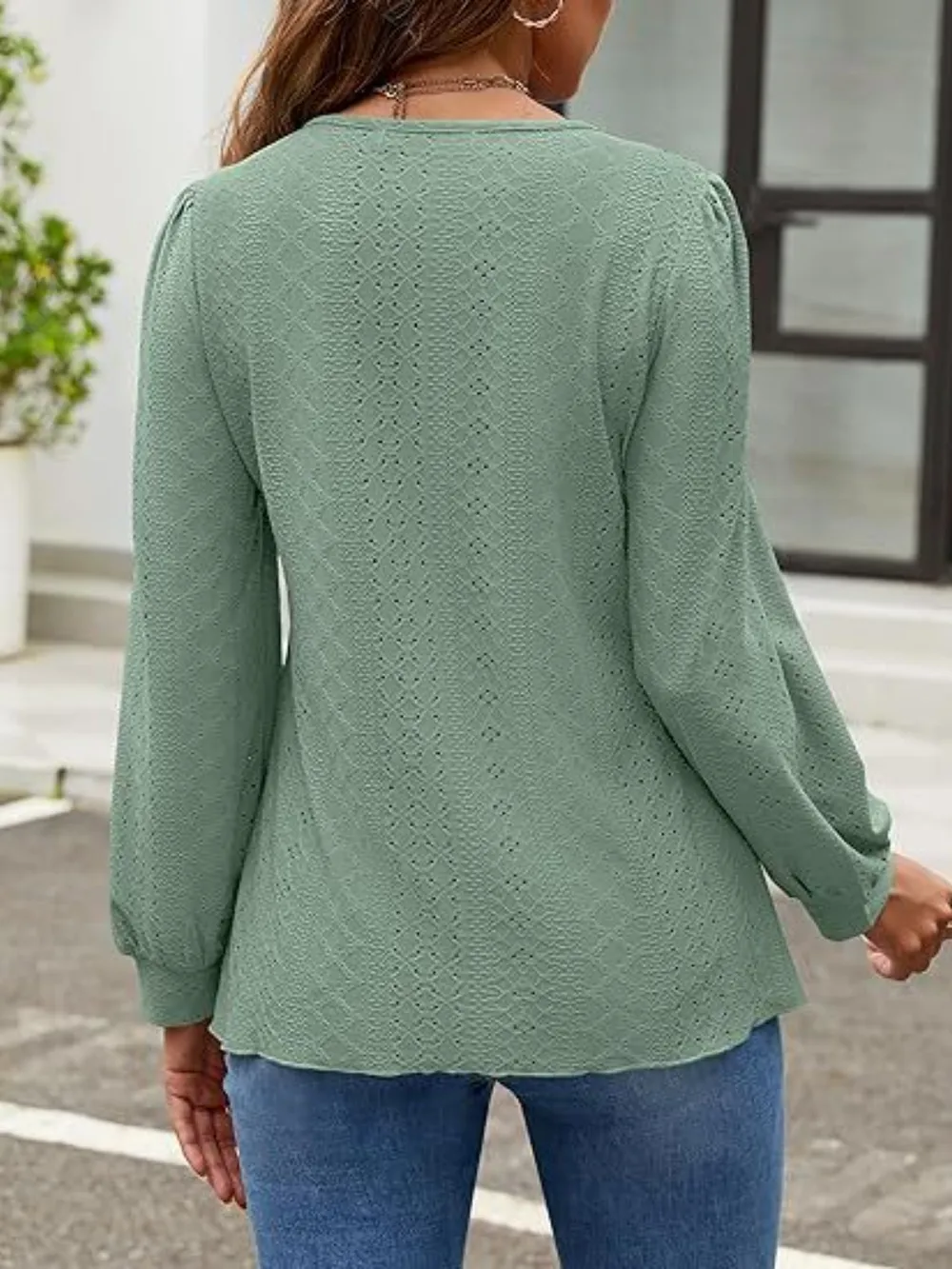 Eyelet Round Neck Long Sleeve Top, image 21