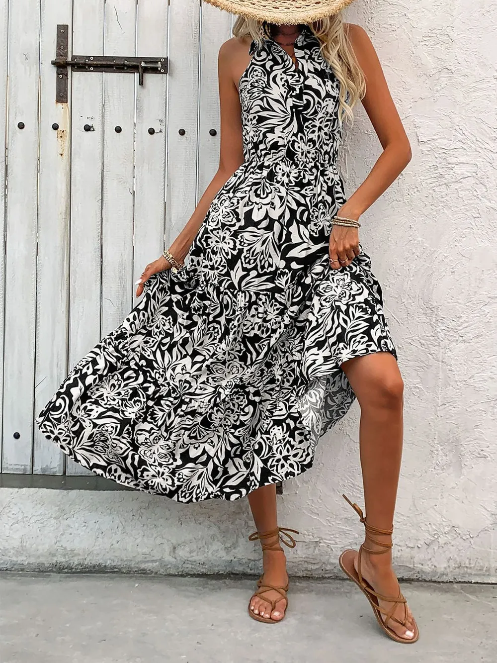 Backless Smocked Printed Sleeveless Midi Dress, image 6