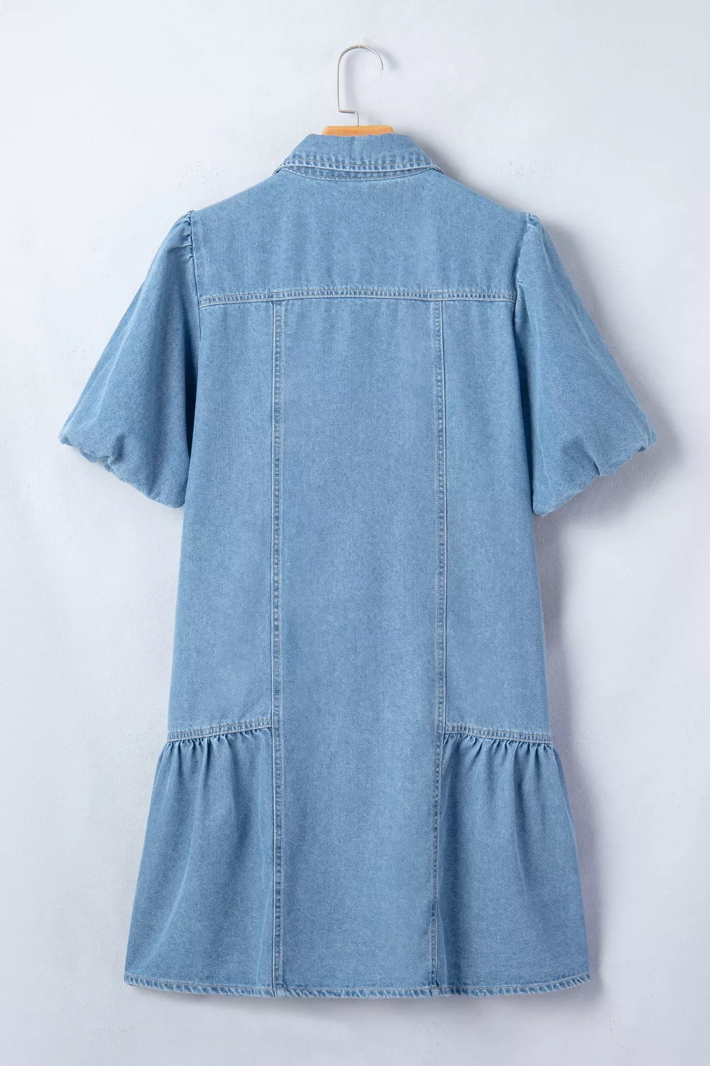 Button Down Short Puff Sleeve Ruffle Hem Denim Dress, image 8