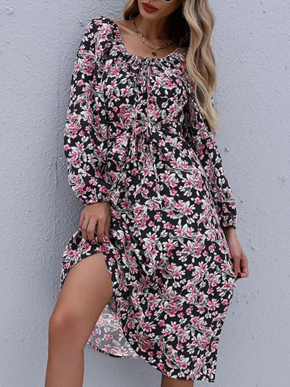 Floral Print Long Sleeve Midi Dress, image 6