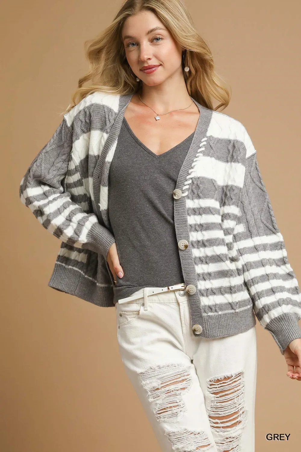 Cable-Knit Stripe Button-Up Cardigan