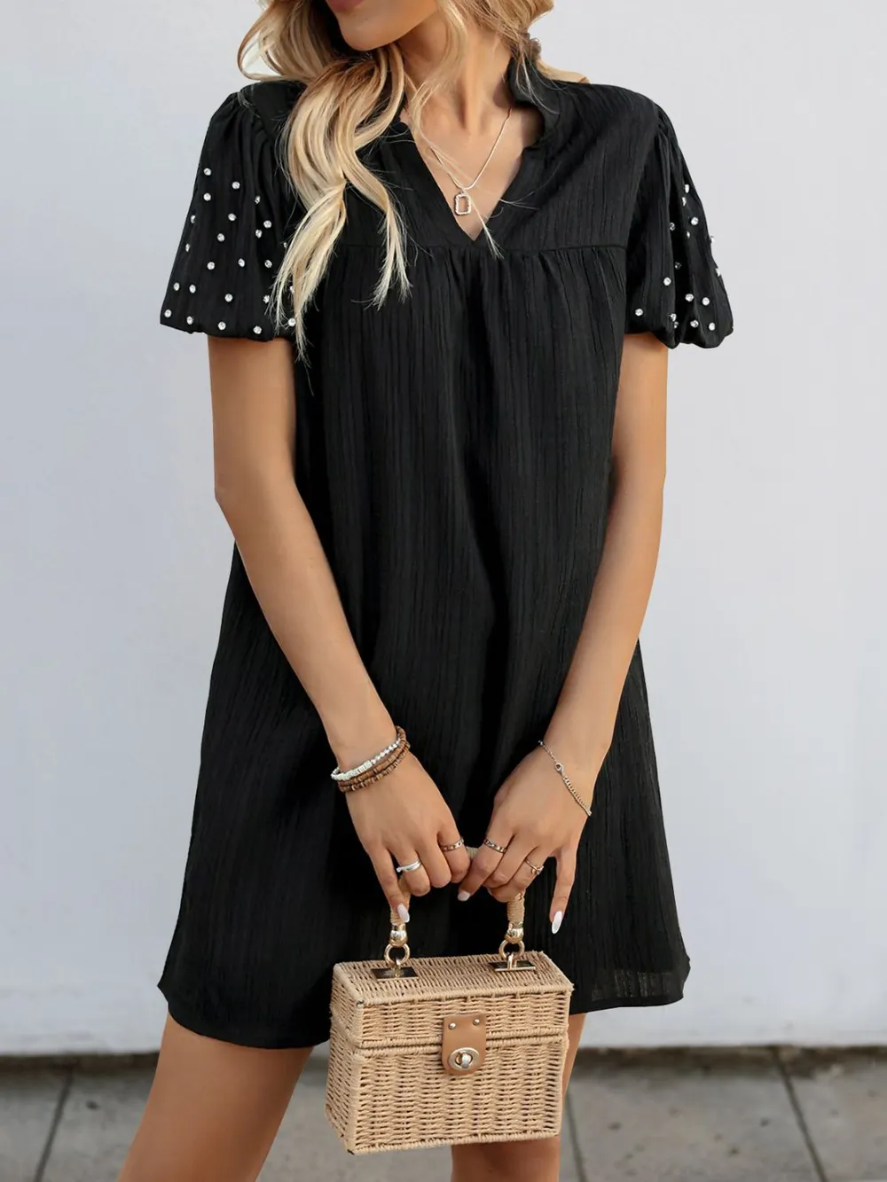 Textured V-Neck Short Sleeve Mini Dress, image 6