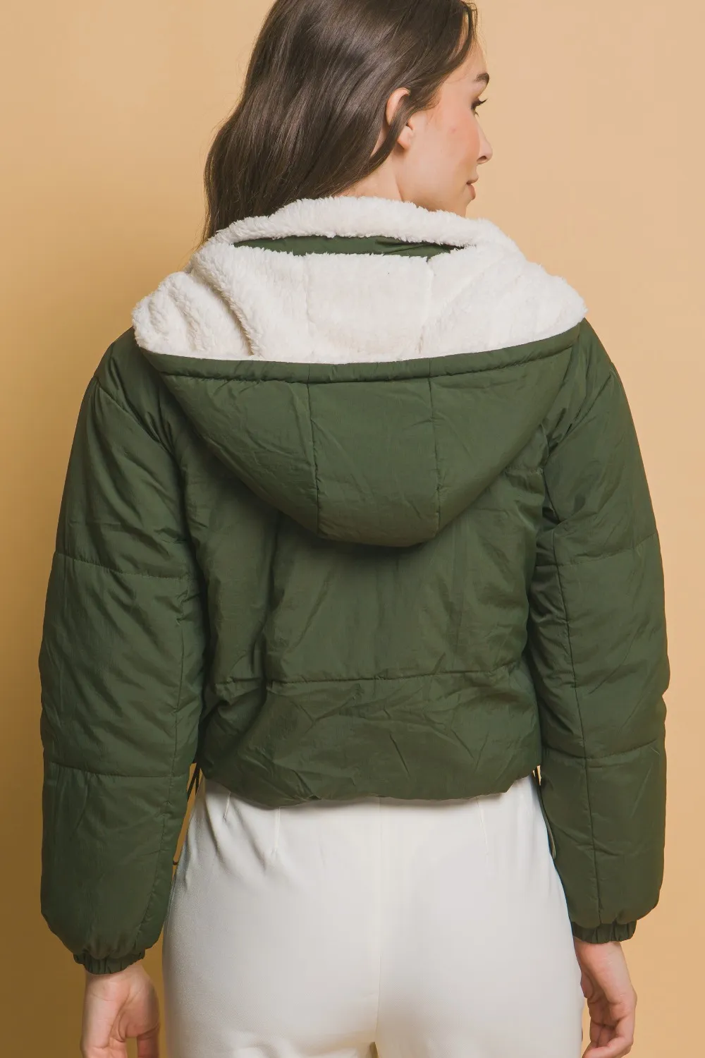 Zip Up Cropped Hooded Sherpa Reversible Jacket, image 2