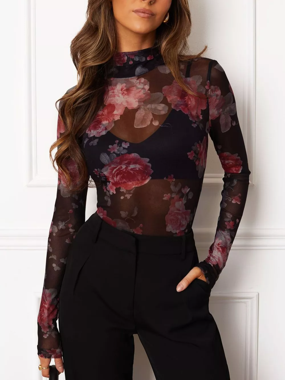 Floral Print Sheer Mesh Long Sleeve Mock Neck Top, image 2
