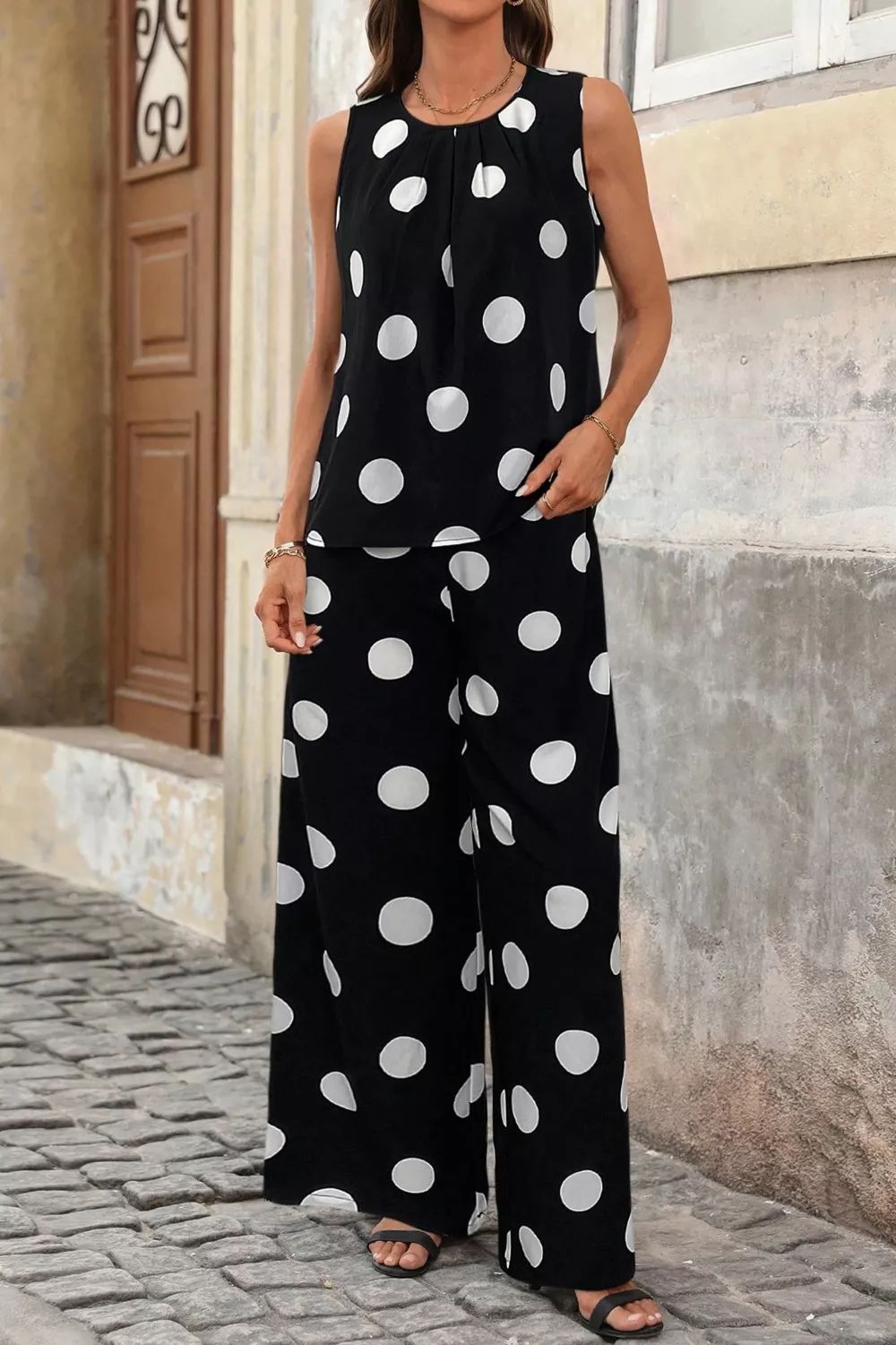 Sleeveless Polka Dot Top and Pants Set, image 5