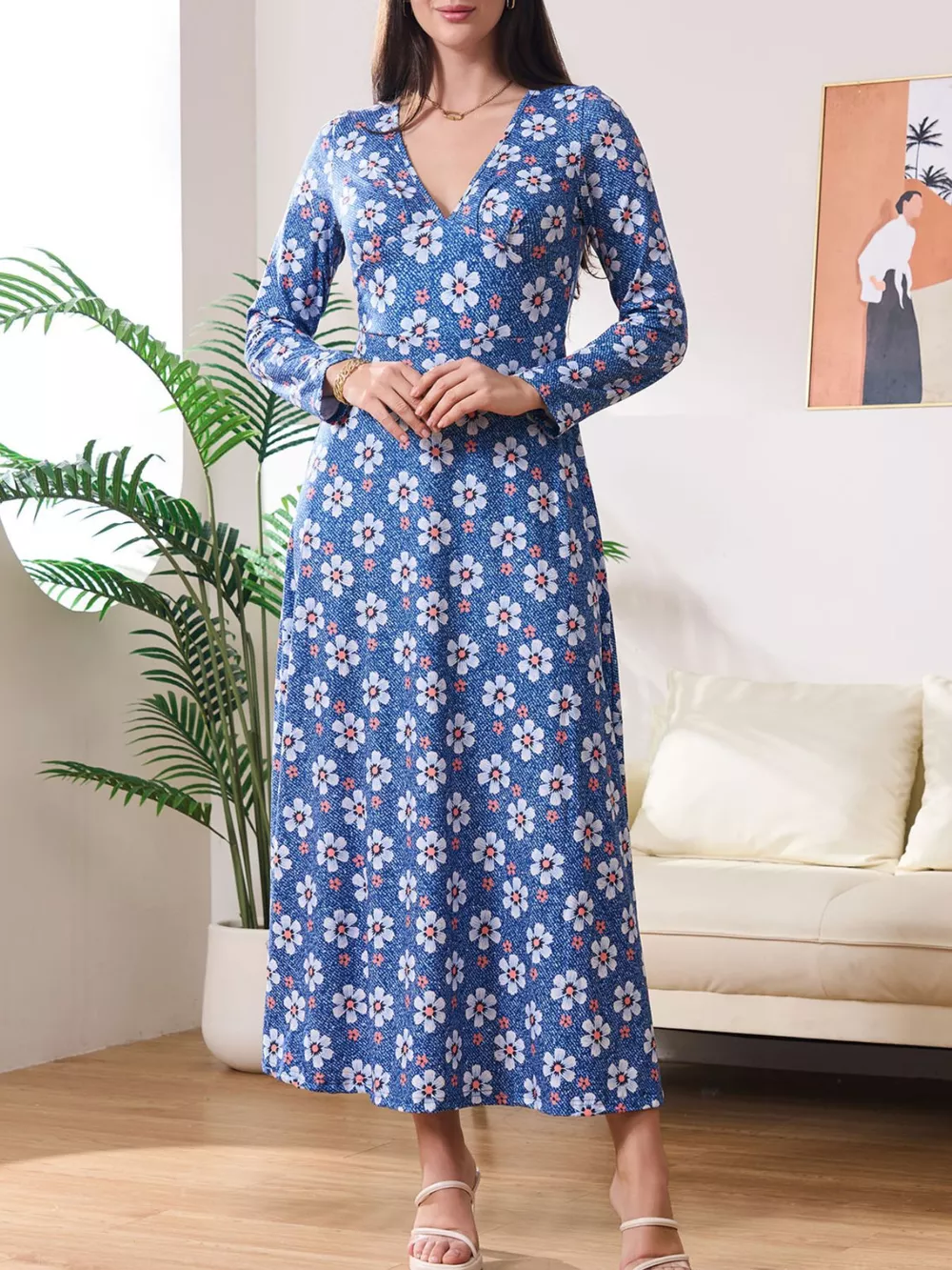Floral Print V-Neck Long Sleeve Midi Dress