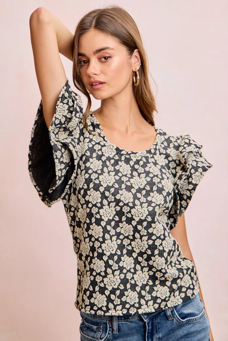 BiBi Floral Jacquard Ruffle Sleeves Knit Top, image 10
