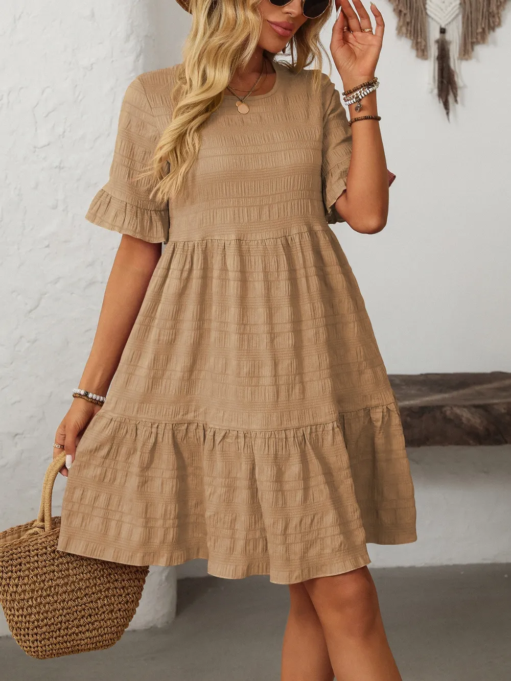 Ruffled Ruched Round Neck Half Sleeve Dress, image 20
