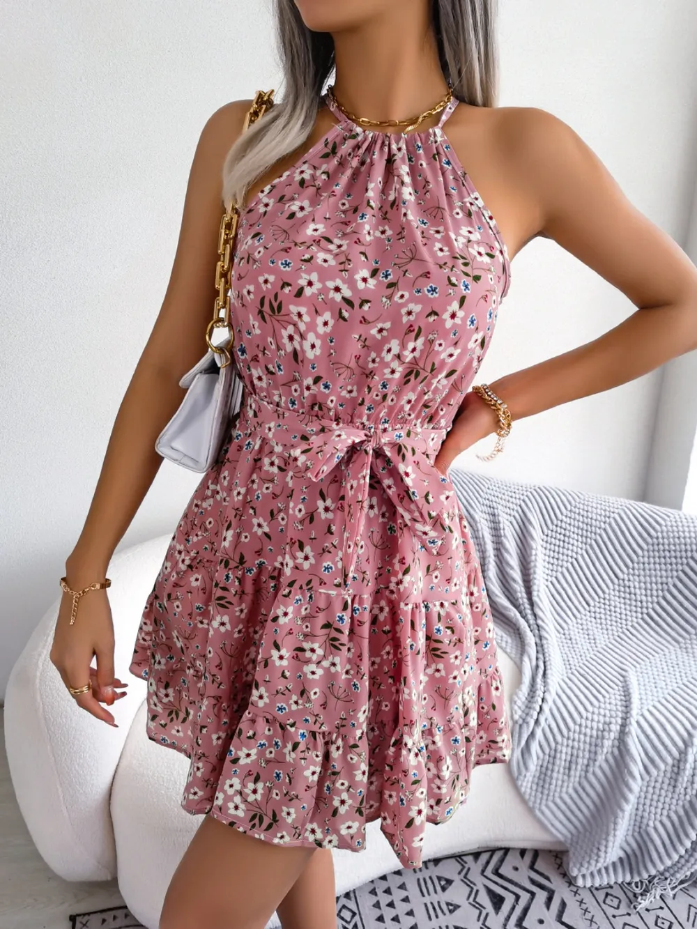 Tied Printed Grecian Neck Mini Dress, image 14