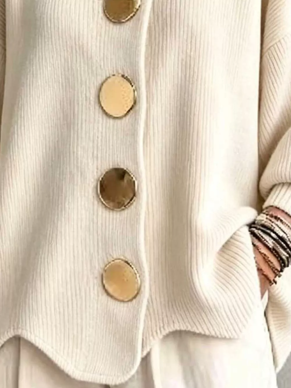 Full Size Ribbed Knit Gold Buttons Cardigan Plus Size, image 24