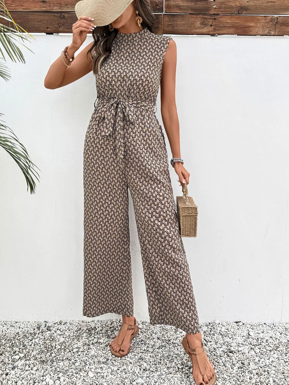Printed Mock Neck Sleeveless Jumpsuit, image 6