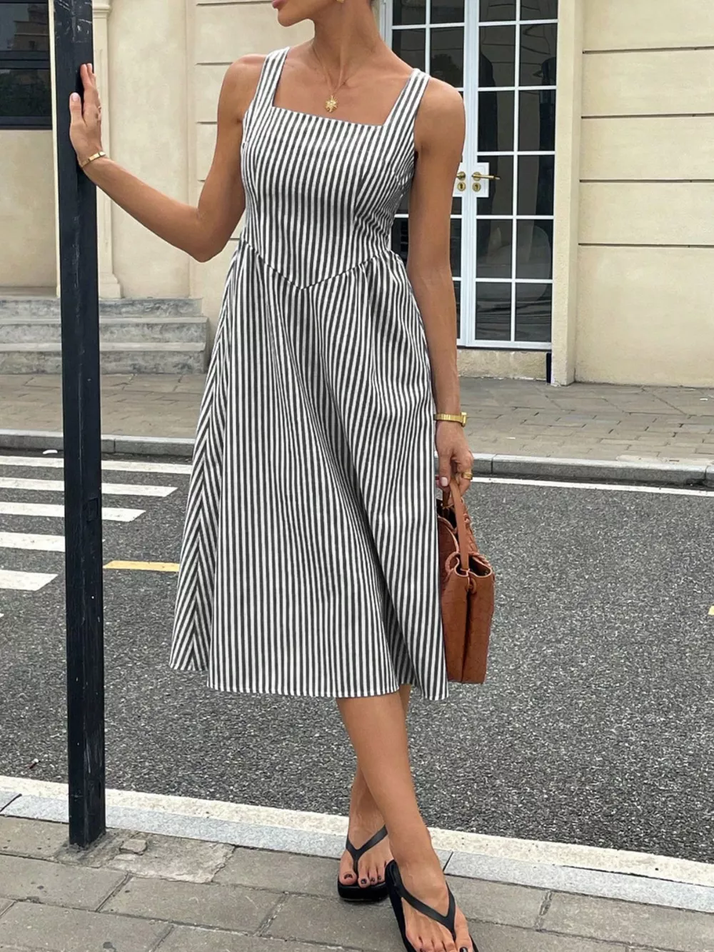Striped Square Neck Midi Dress