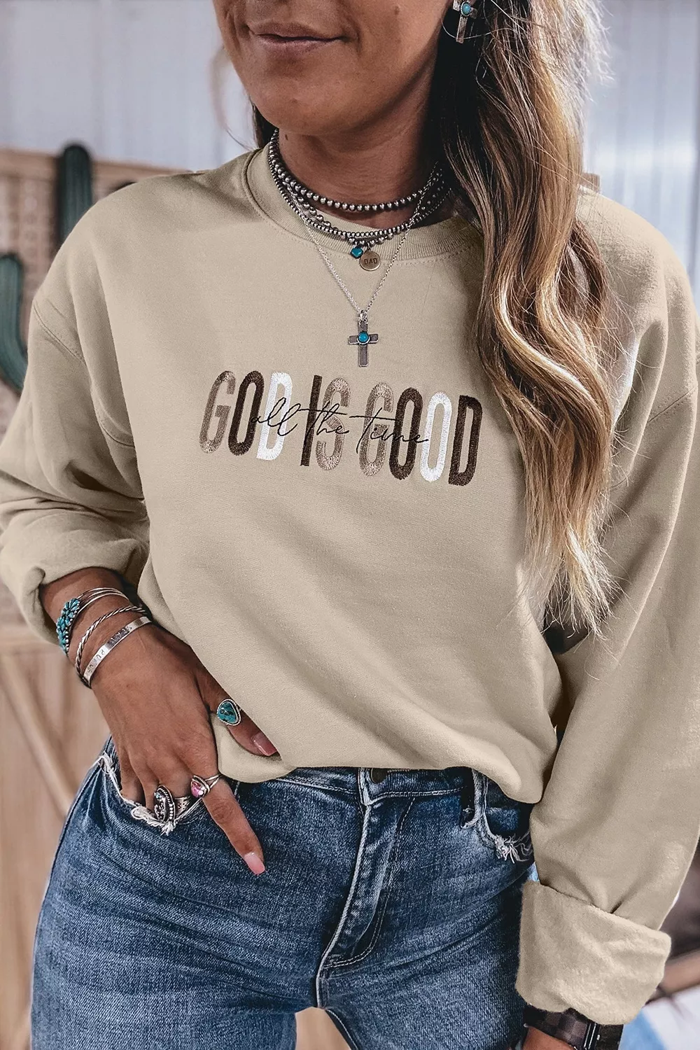 God Is Good Letter Graphic Crew Neck Sweatshirt, image 2