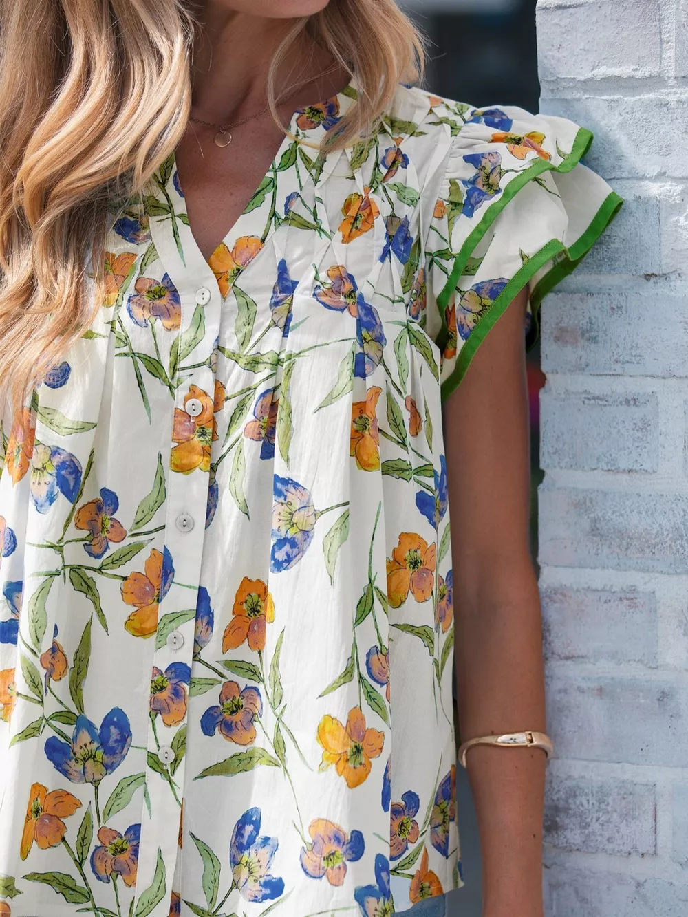 Floral Print Ruffle V-Neck Pressed Pleats Binding Tape Cotton Blouse, image 5