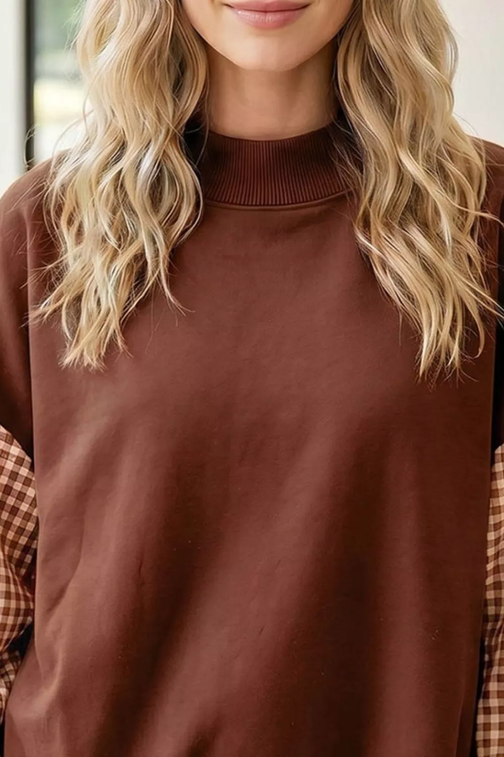 Plaid Sleeve Colorblock Loose Tunic Sweatshirt, image 3
