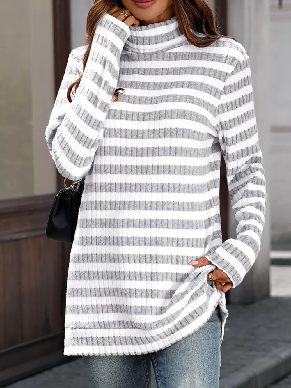 Striped Turtleneck Long Sleeve Knit Top, image 8