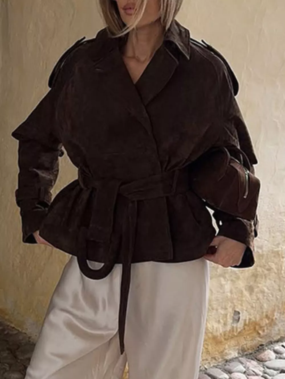 Lapel Collar Tie Waist Outerwear, image 3