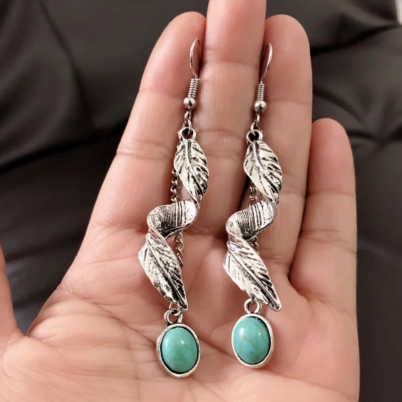 Alloy Leaf Artificial Turquoise Earrings, image 6