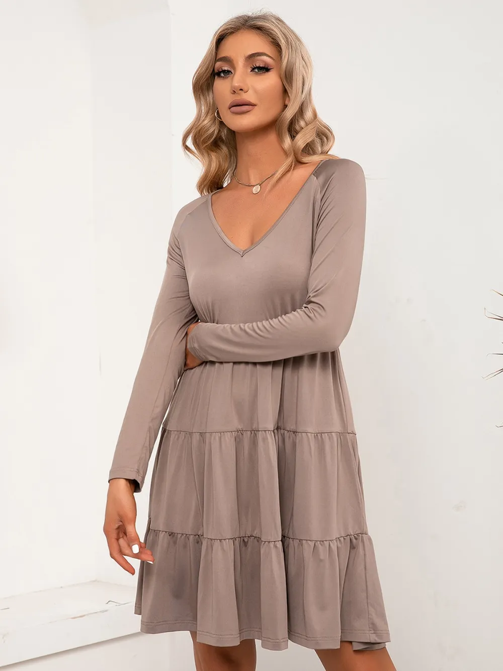 V-Neck Long Sleeve Tiered Dress, image 3